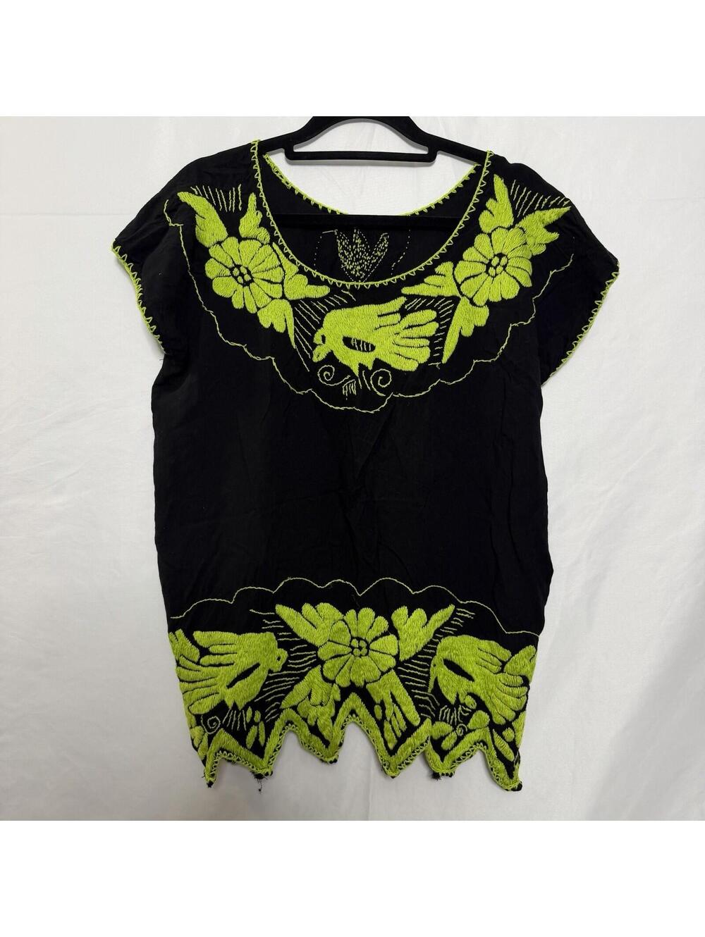 Black Cotton Blouse Neon Lime Bird Floral Embroidery No Tag